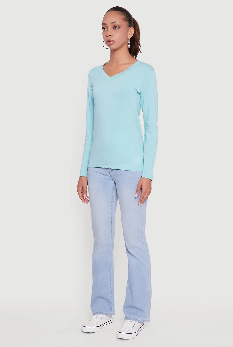 Womens V-Neck Long Sleeve Solid T-Shirt,