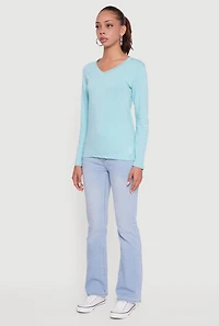 Womens V-Neck Long Sleeve Solid T-Shirt,