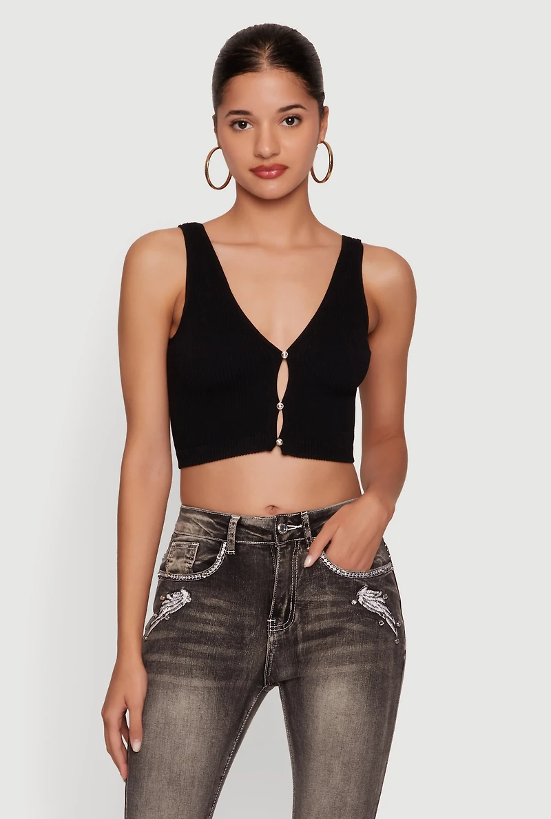 Seamless Ribbed Rhinestone Keyhole Crop Top