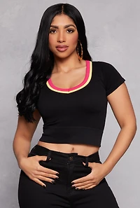 Seamless Ribbed Contrast V Neck Crop Top