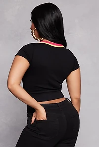 Womens Seamless Ribbed Contrast V Neck Crop Top, Black, Size L-XL