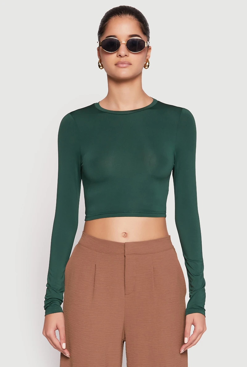 Womens Daisy Long Sleeve High Neck Crop Top, Green, Size S