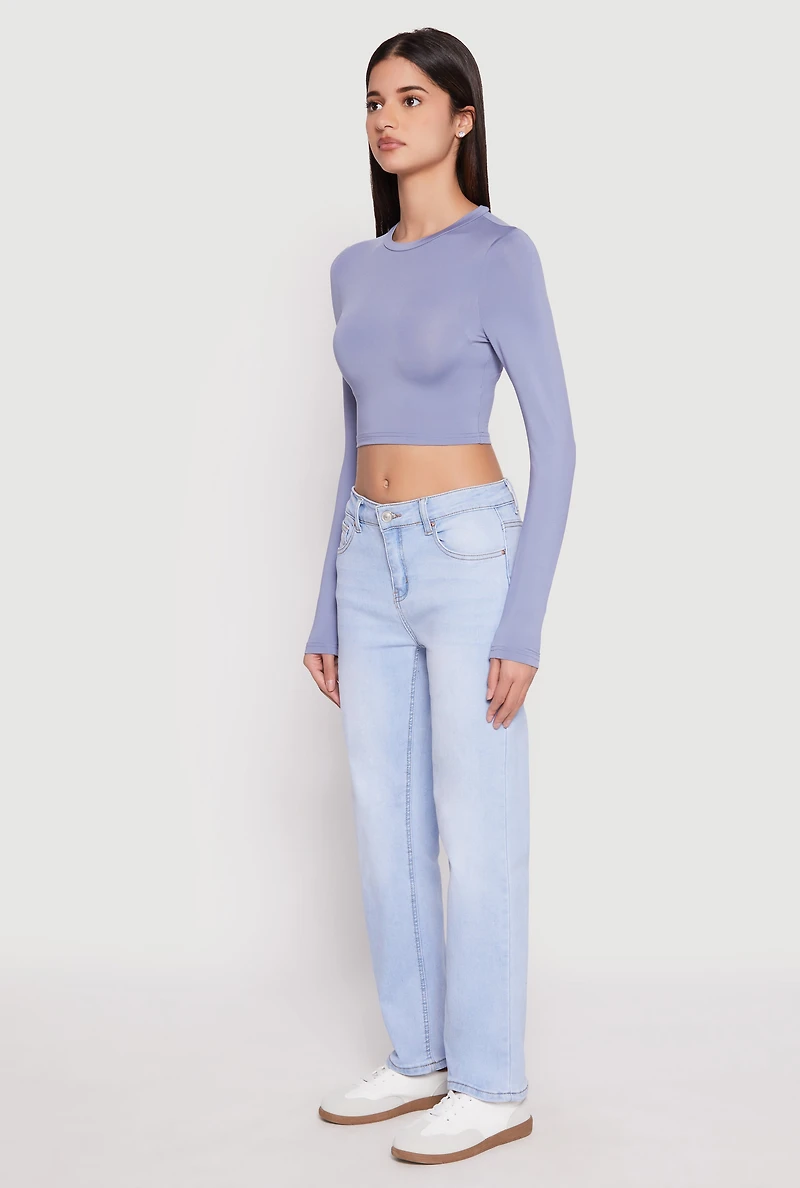 Womens Daisy Long Sleeve High Neck Crop Top, Blue, Size M