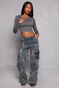 Womens Seamless Ribbed Knit Crew Neck Crop Top, Grey, Size S-M