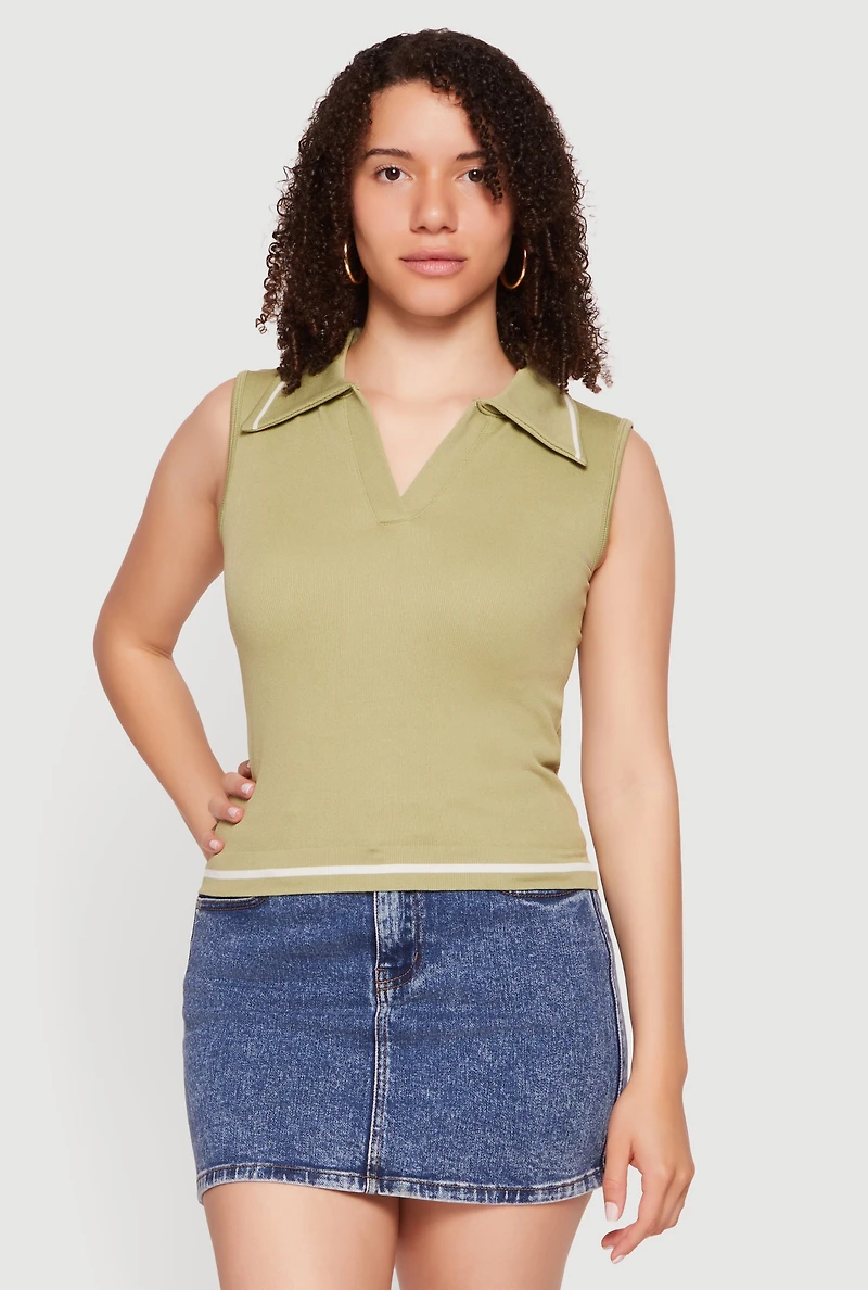 Contrast Trim Sleeveless Polo Top