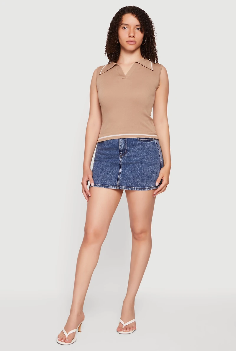 Contrast Trim Sleeveless Polo Top