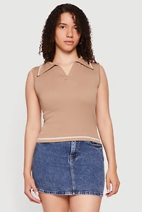 Contrast Trim Sleeveless Polo Top