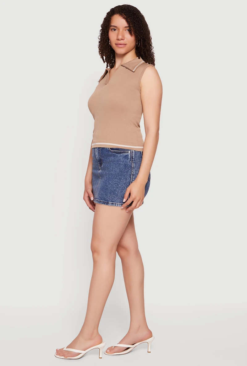 Contrast Trim Sleeveless Polo Top