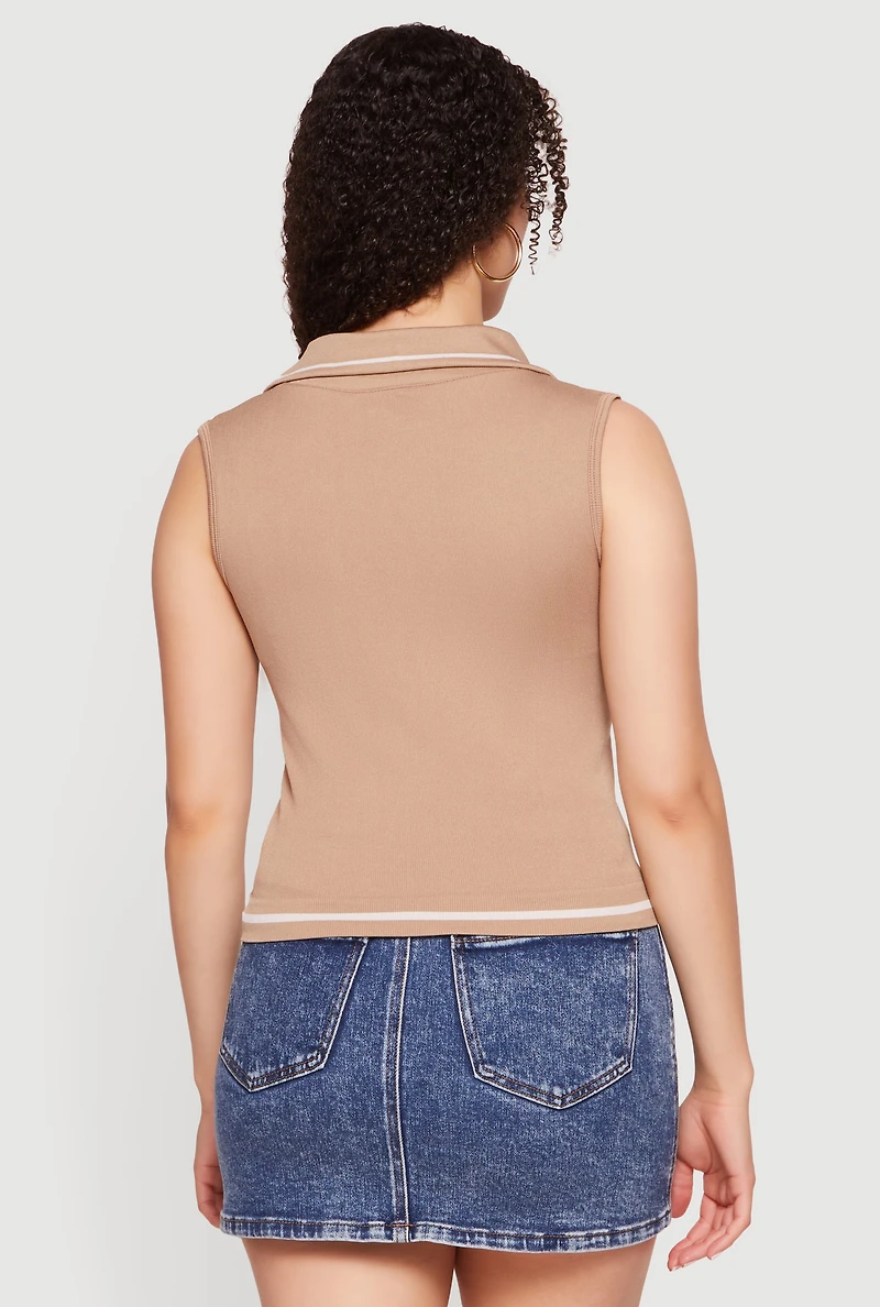 Contrast Trim Sleeveless Polo Top
