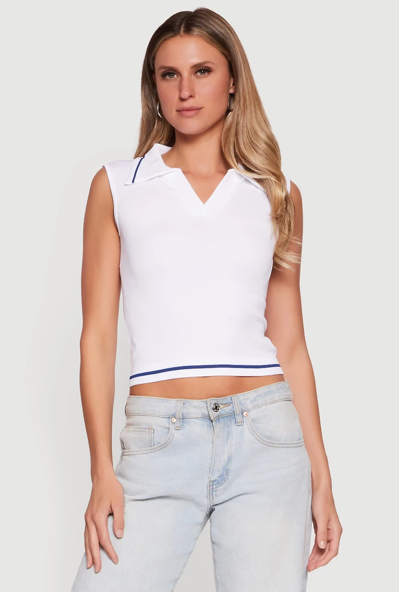 Seamless Rib Knit Sleeveless Polo Crop Top