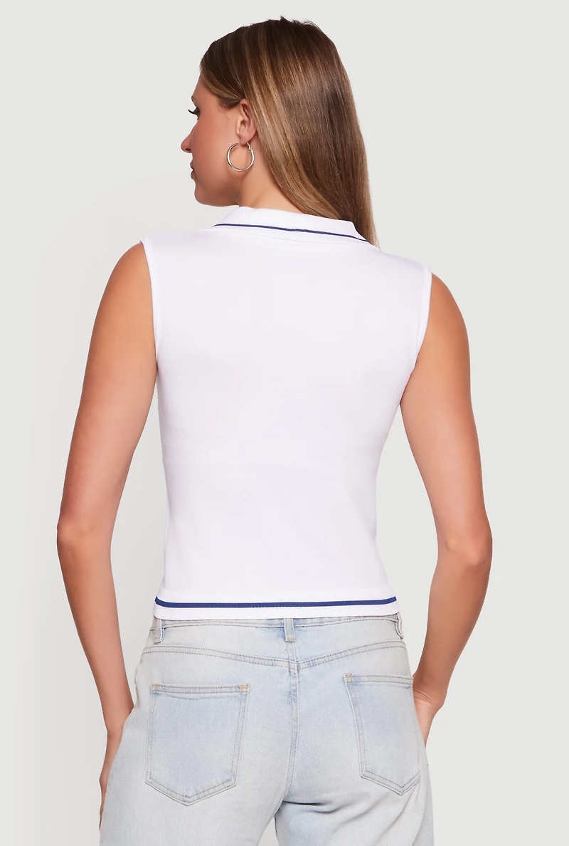 Seamless Rib Knit Sleeveless Polo Crop Top