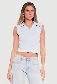 Seamless Rib Knit Sleeveless Polo Crop Top