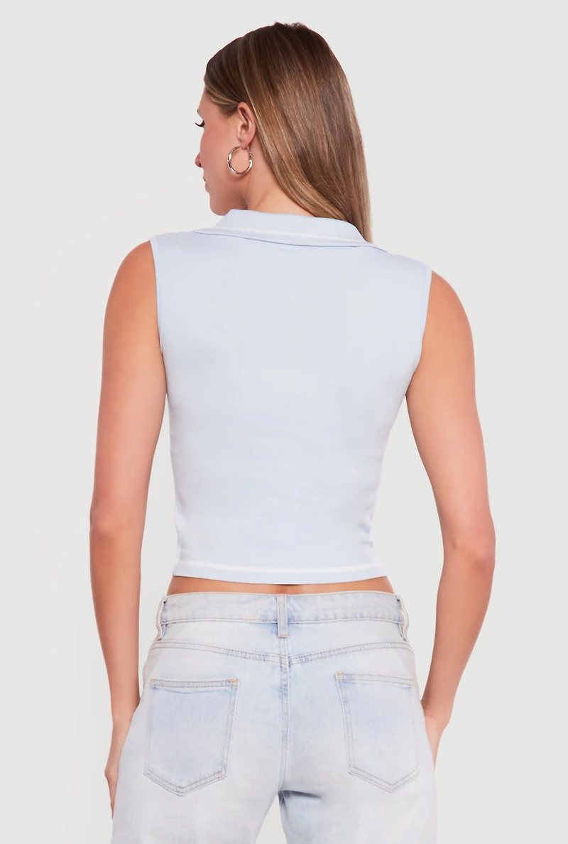 Seamless Rib Knit Sleeveless Polo Crop Top