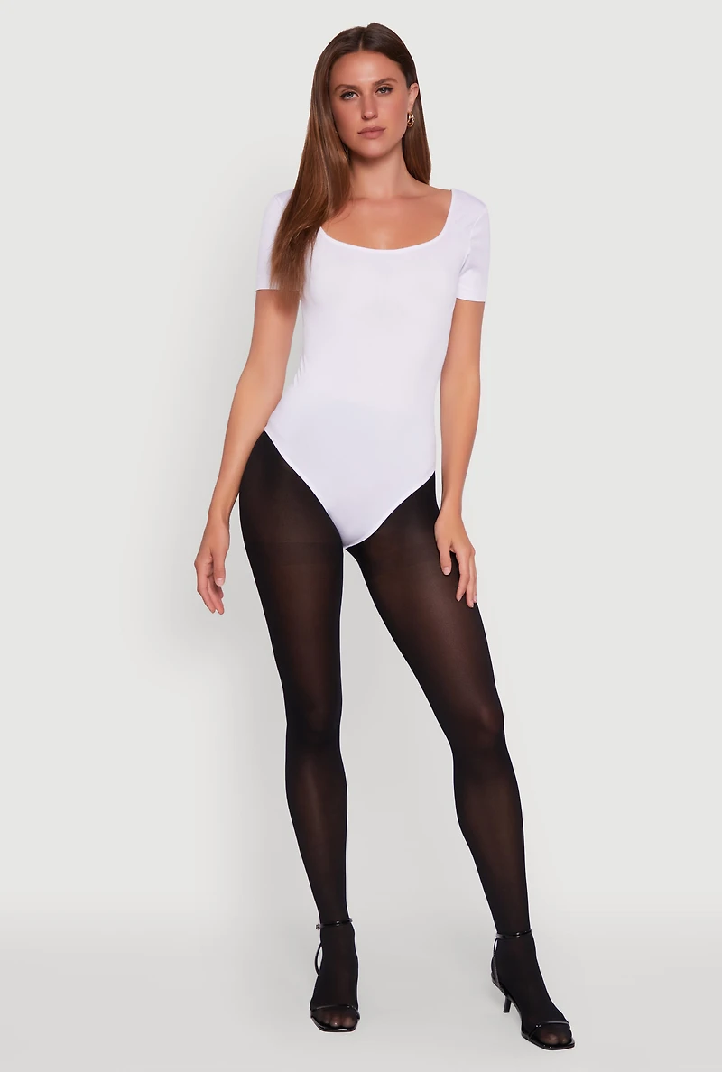Womens Seamless Solid Short Sleeve Bodysuit, White,