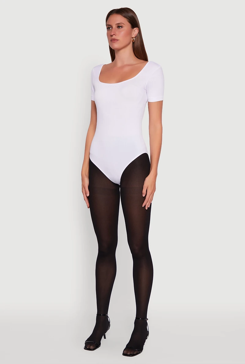 Womens Seamless Solid Short Sleeve Bodysuit, White,