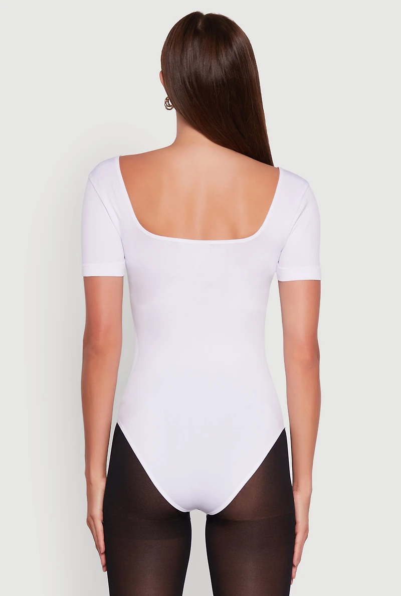 Womens Seamless Solid Short Sleeve Bodysuit, White,