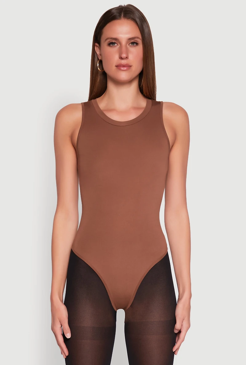 Womens Daisy Crew Neck Tank Bodysuit, Brown, Size M
