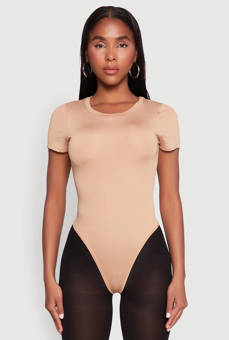 Womens Daisy Short Sleeve Crew Neck Bodysuit, Beige, Size L