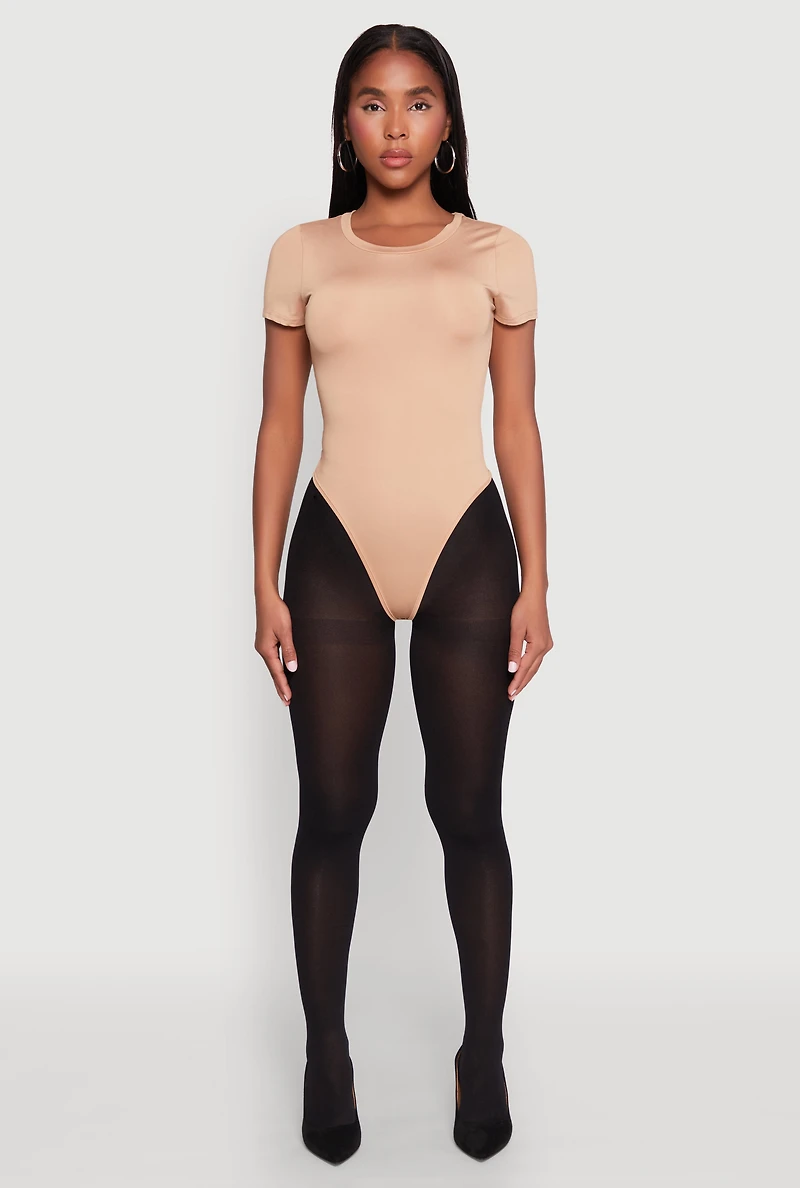 Womens Daisy Short Sleeve Crew Neck Bodysuit, Beige, Size M