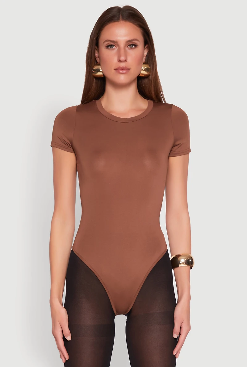 Womens Daisy Short Sleeve Crew Neck Bodysuit, Brown, Size S