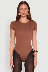 Womens Daisy Short Sleeve Crew Neck Bodysuit, Brown, Size S