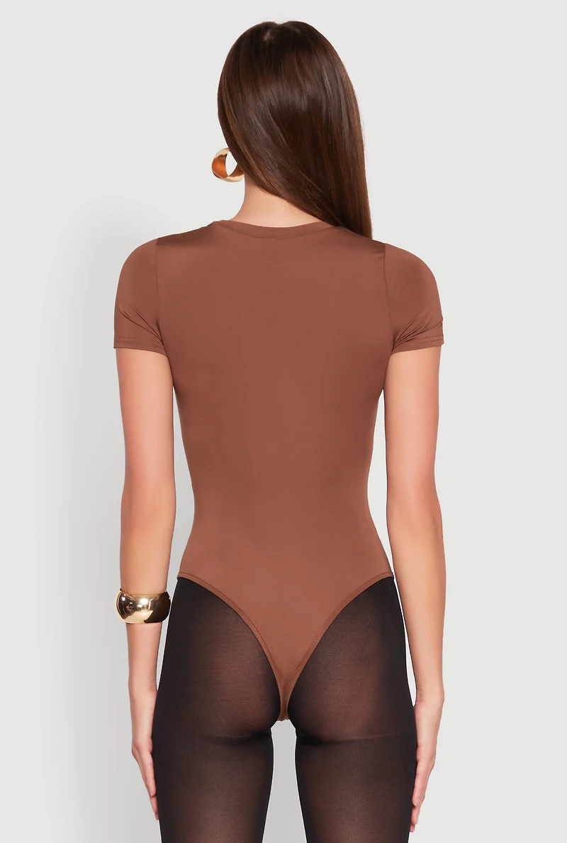 Womens Daisy Short Sleeve Crew Neck Bodysuit, Brown, Size S