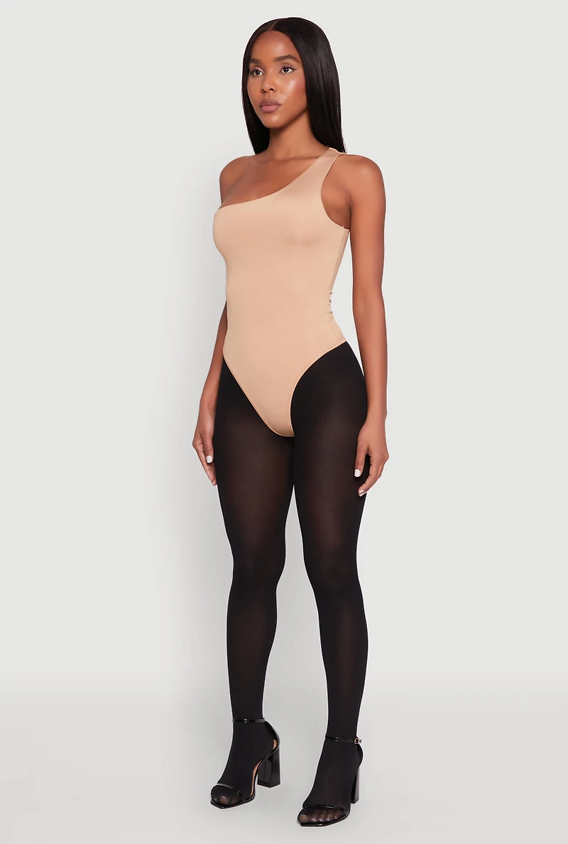 Womens Daisy Sleeveless One Shoulder Bodysuit, Beige, Size S