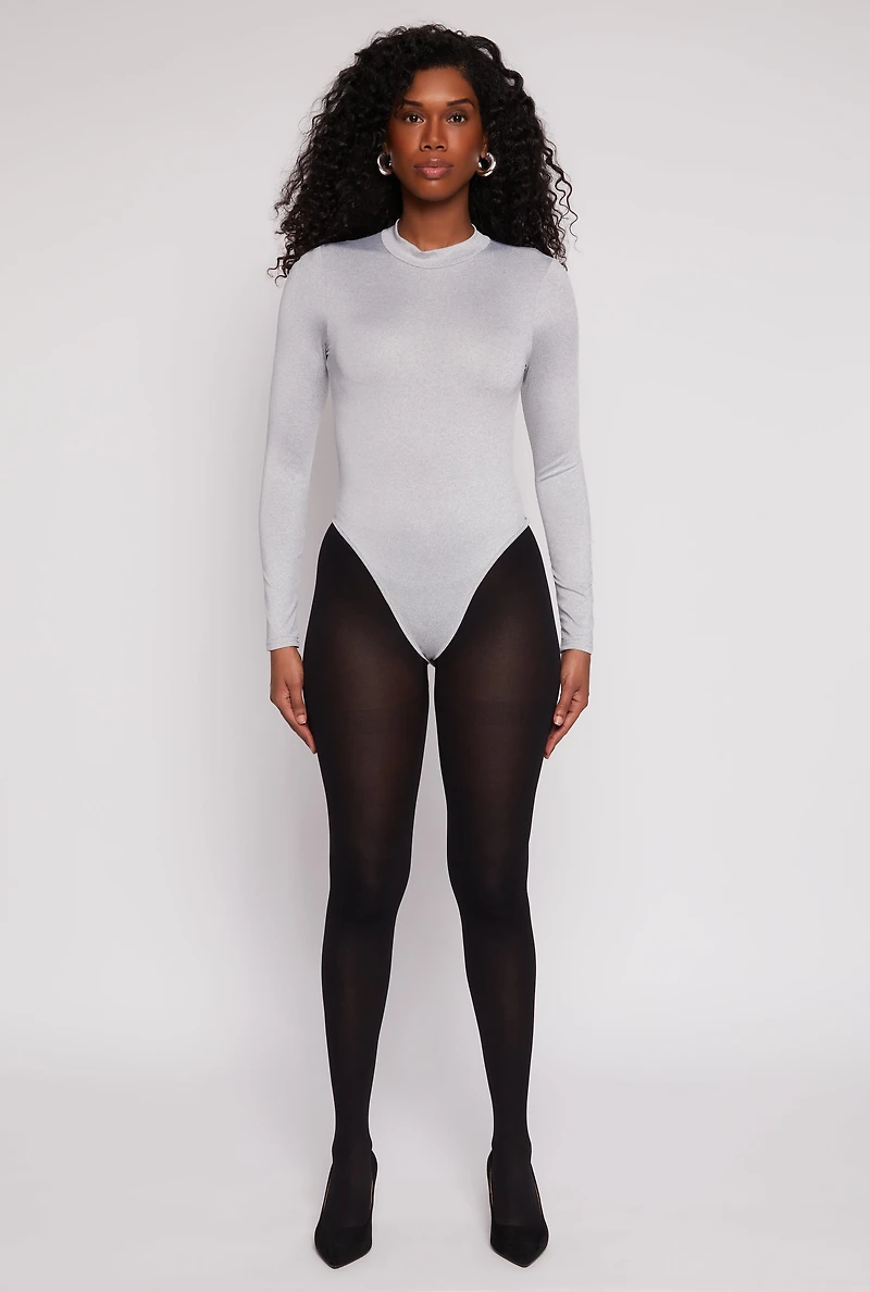 Womens Daisy Mock Neck Long Sleeve Bodysuit, Grey, Size L