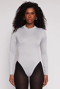 Womens Daisy Mock Neck Long Sleeve Bodysuit, Grey, Size L