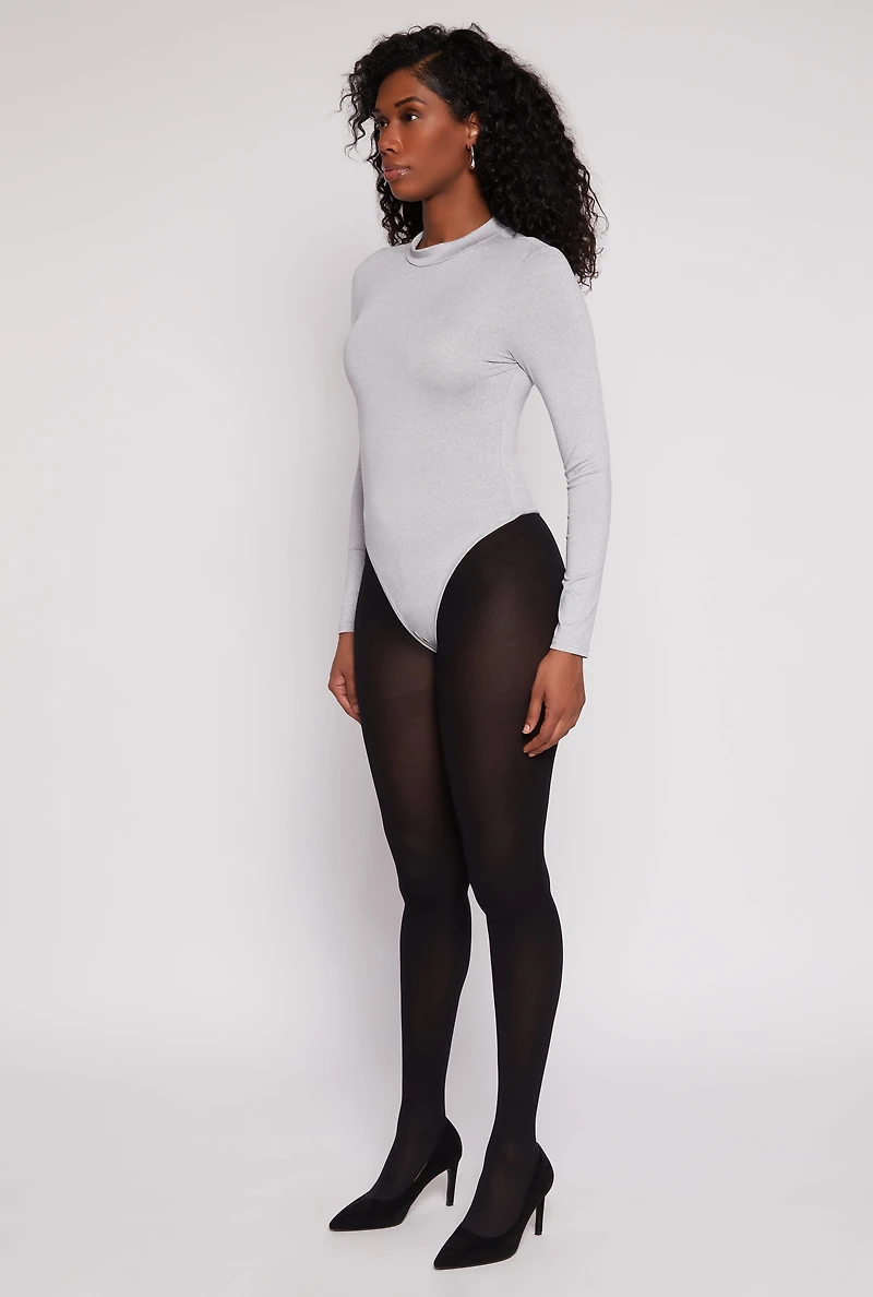 Womens Daisy Mock Neck Long Sleeve Bodysuit, Grey, Size L