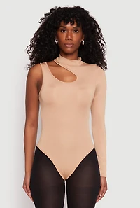Womens Daisy Keyhole One Shoulder Bodysuit, Beige, Size L