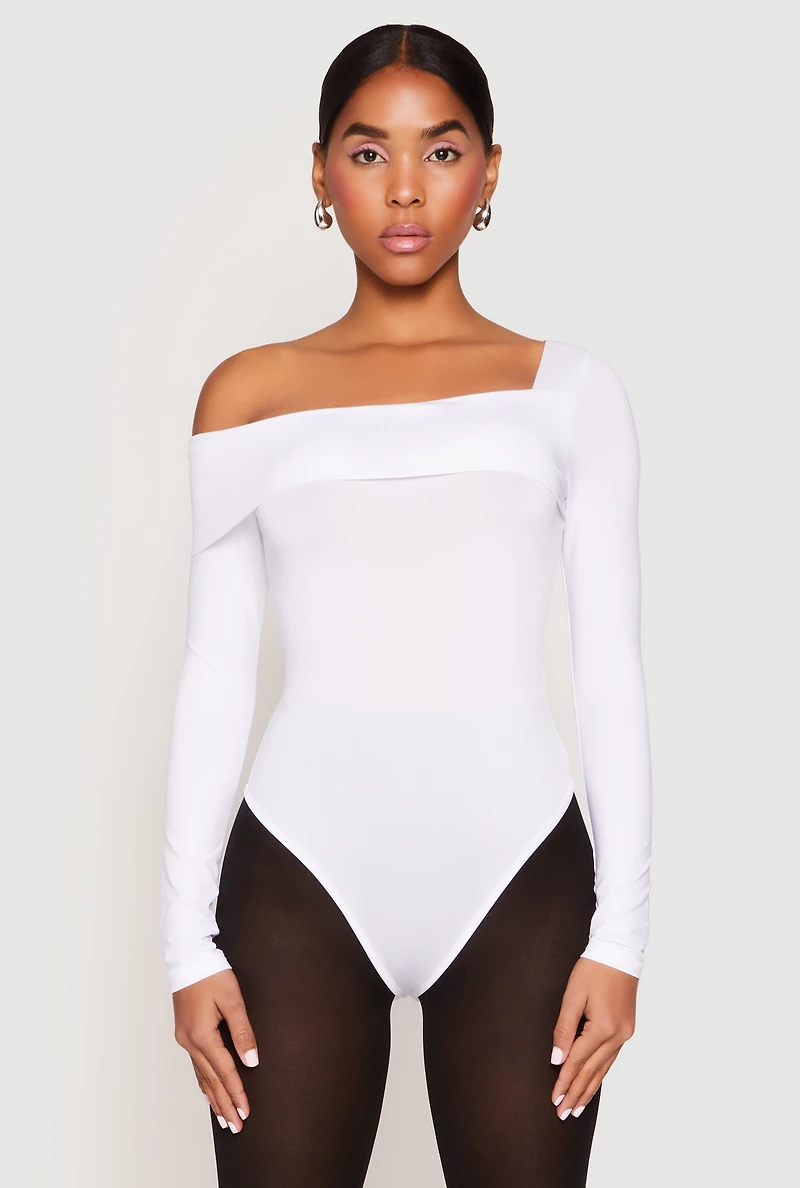 Womens Daisy One Shoulder Bodysuit, White,