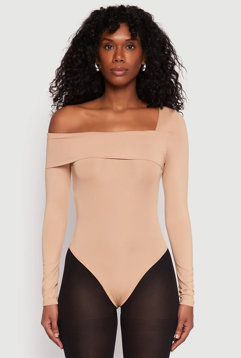 Womens Daisy One Shoulder Bodysuit, Beige, Size M