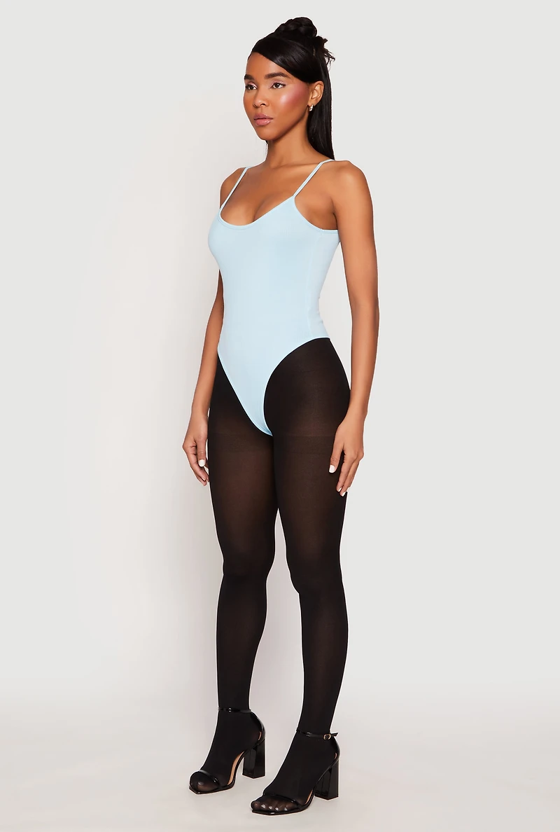 Womens Daisy Rib Knit Cami Thong Bodysuit, Blue, Size S