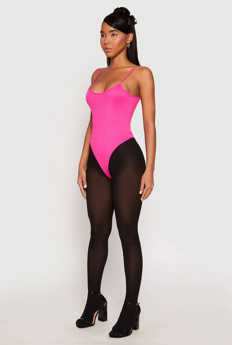 Womens Daisy Rib Knit Cami Thong Bodysuit, Pink, Size S