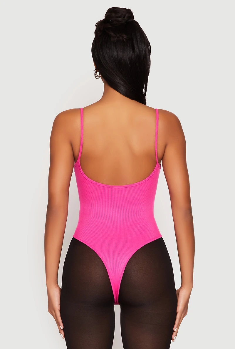 Womens Daisy Rib Knit Cami Thong Bodysuit, Pink, Size S