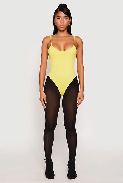 Womens Daisy Rib Knit Cami Thong Bodysuit, Yellow, Size S