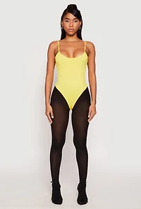 Womens Daisy Rib Knit Cami Thong Bodysuit, Yellow, Size S