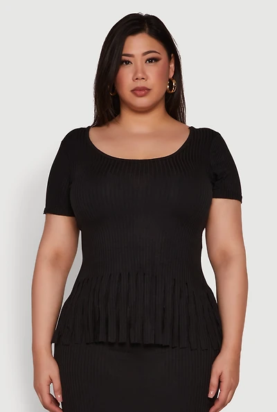 Womens Plus Stylish Ribbed Knit Fringe Hem Tee,