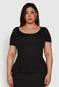 Womens Plus Stylish Ribbed Knit Fringe Hem Tee,