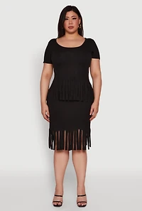 Womens Plus Stylish Ribbed Knit Fringe Hem Tee,