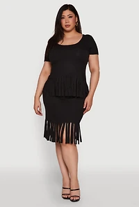 Womens Plus Stylish Ribbed Knit Fringe Hem Tee,