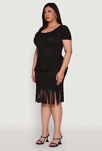 Womens Plus Stylish Ribbed Knit Fringe Hem Tee,