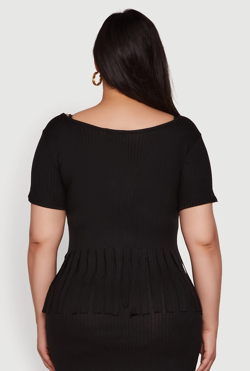 Womens Plus Stylish Ribbed Knit Fringe Hem Tee,