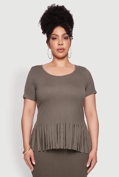 Womens Plus Size Stylish Ribbed Knit Fringe Hem Tee, Green, Size 2X
