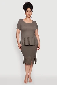 Womens Plus Size Stylish Ribbed Knit Fringe Hem Tee, Green, Size 2X