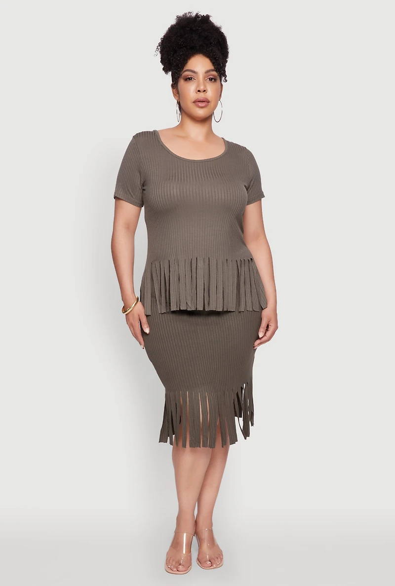 Womens Plus Stylish Ribbed Knit Fringe Hem Tee, Green,