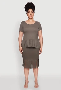 Womens Plus Size Stylish Ribbed Knit Fringe Hem Tee, Green, Size 2X