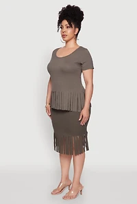 Womens Plus Size Stylish Ribbed Knit Fringe Hem Tee, Green, Size 2X