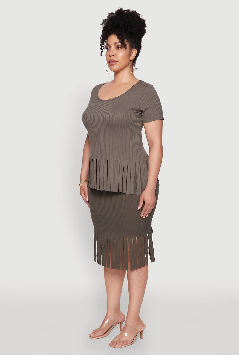 Womens Plus Stylish Ribbed Knit Fringe Hem Tee, Green,